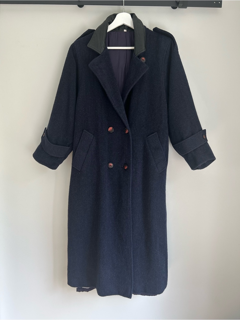 Vintage Soft Wool Navy Long Black Leather Trim Double Breasted Button Coat